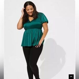 Green Satin Puff Sleeve Peplum Blouse